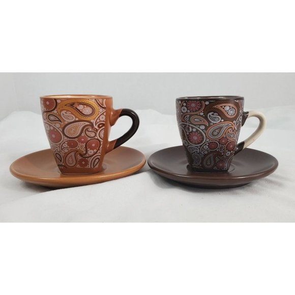 Krystallo Tov Lev Brown Paisley  2 Espresso Cup And Saucer Retro Square Bottom - Picture 1 of 4